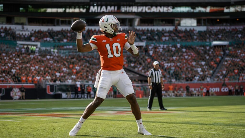 Darian Mensah throwing a pass for the Miami Hurricanes