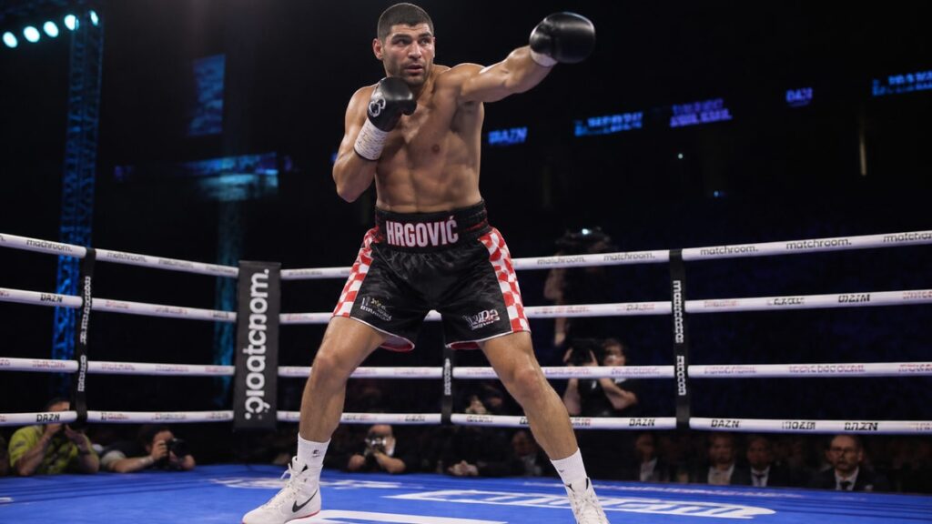 Filip Hrgovic in a boxing stance ahead of his heavyweight title fight against Moses Itauma