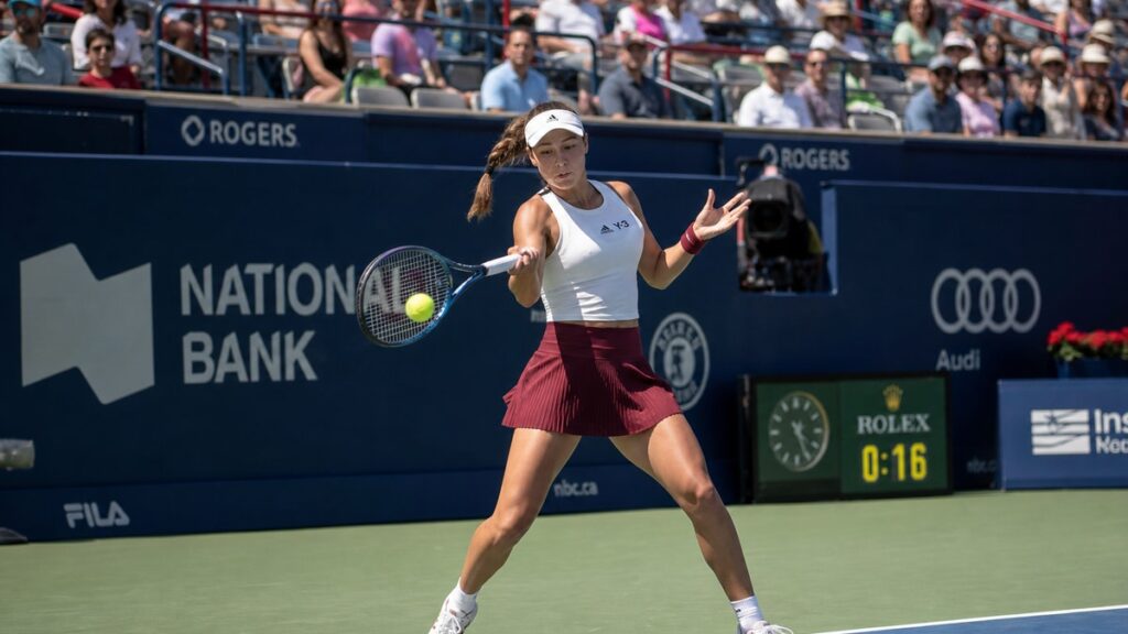 Iva Jovic hitting a forehand during her Canadian Open match against Alina Korneeva