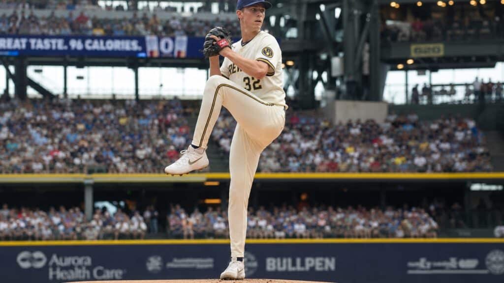 Jacob Misiorowski pitching for the Milwaukee Brewers