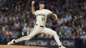 Jacob Misiorowski pitching for the Milwaukee Brewers