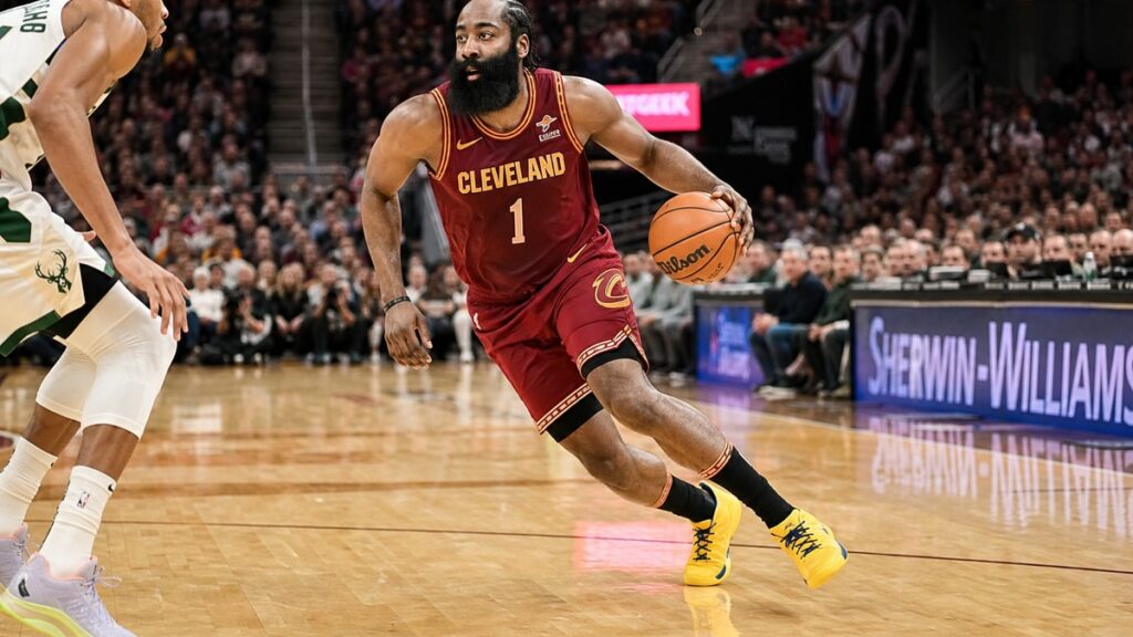 James Harden driving to the basket for the Cleveland Cavaliers