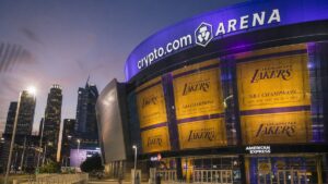 Crypto.com Arena exterior with Lakers branding, home of the Los Angeles Lakers