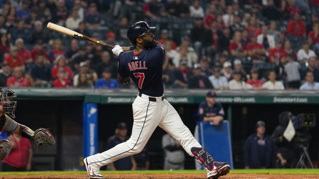 Jo Adell batting for the Cleveland Guardians after trade from the Angels