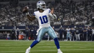 Joe Milton III throwing a pass for the Dallas Cowboys