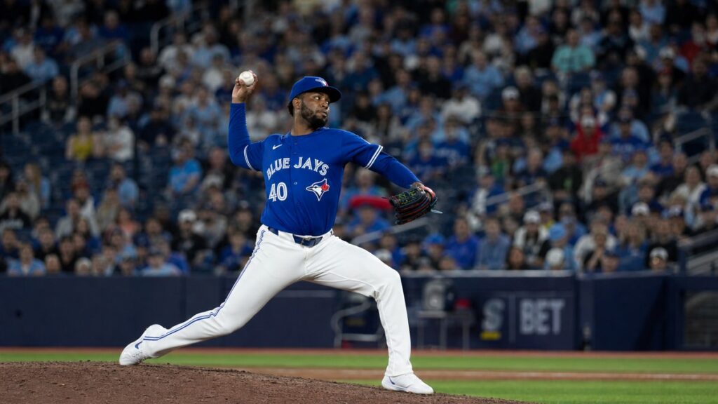 Jose Soriano pitching for the Toronto Blue Jays against the Boston Red Sox