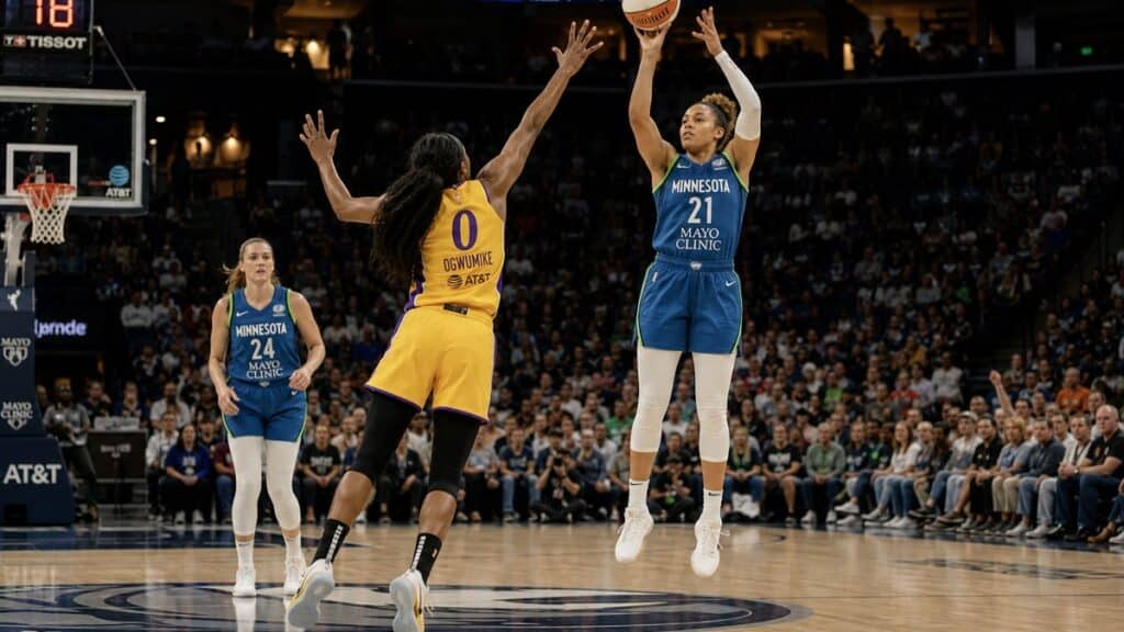 Kayla McBride shooting a three-pointer for the Minnesota Lynx