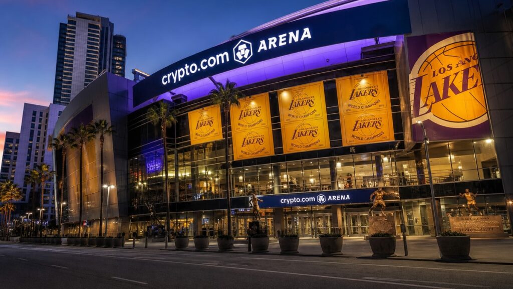 Crypto.com Arena, home of the Los Angeles Lakers, at dusk following the team's record $12.5 billion sale