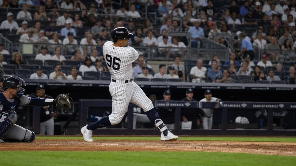 George Lombard Jr. batting for the New York Yankees at Yankee Stadium