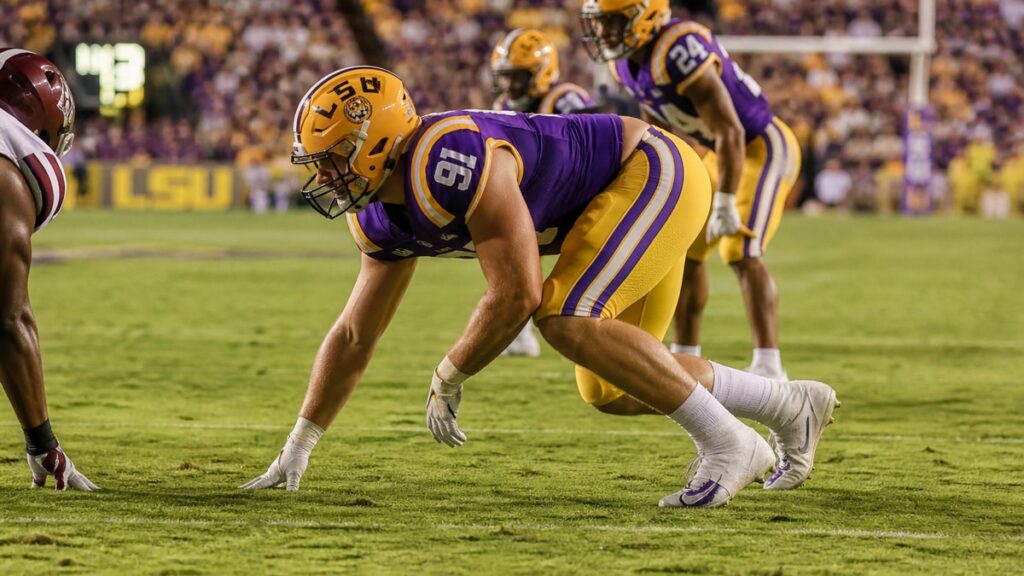 LSU edge rusher Jack Pyburn lines up on the defensive line during a game, one of the players named in the Louisiana transfer portal court order