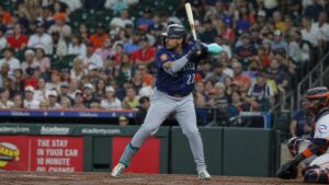 Josh Naylor batting for the Seattle Mariners against the Houston Astros at Daikin Park