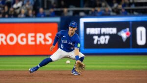 Andres Gimenez fielding a ground ball at shortstop for the Toronto Blue Jays