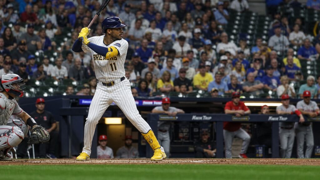 Jackson Chourio batting for the Milwaukee Brewers at American Family Field