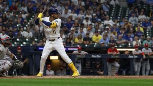 Jackson Chourio batting for the Milwaukee Brewers at American Family Field