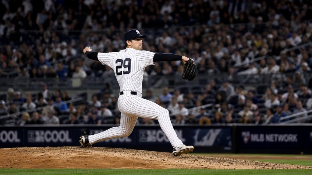Will Warren pitching for the New York Yankees at Yankee Stadium