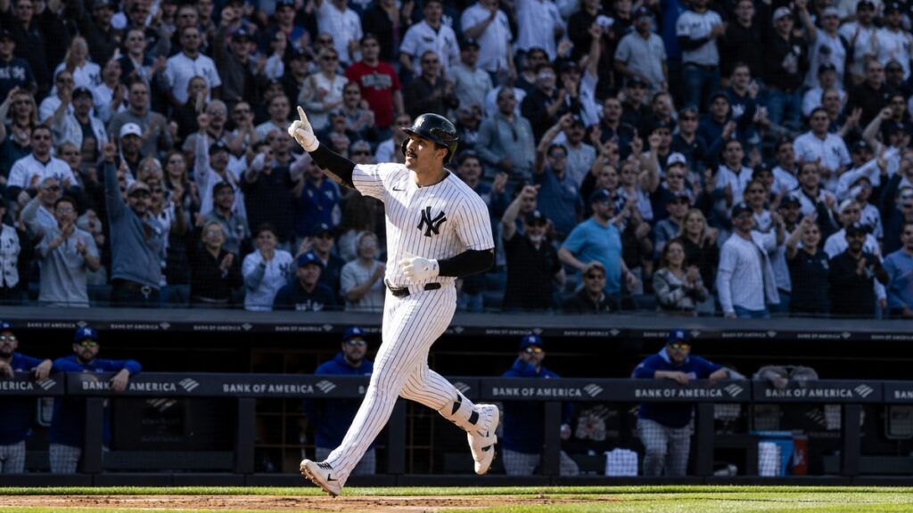 Trent Grisham celebrating a home run for the New York Yankees at Yankee Stadium