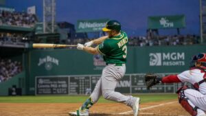 Max Muncy batting for the Oakland Athletics at Fenway Park