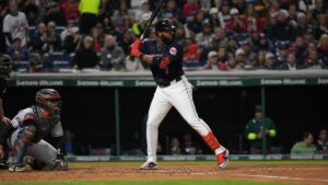 Jo Adell batting for the Cleveland Guardians