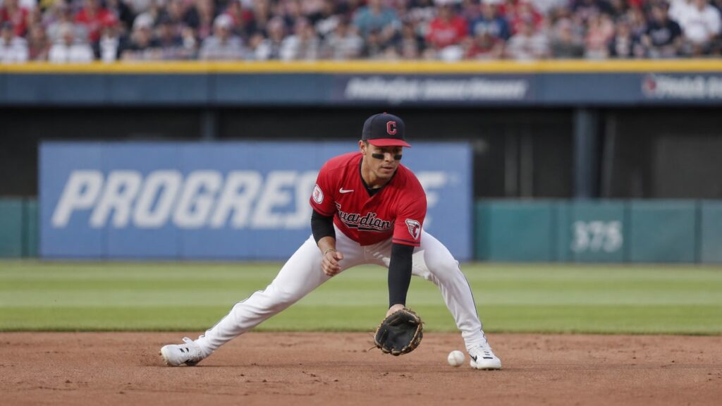 Brayan Rocchio fields a ground ball at shortstop for the Cleveland Guardians