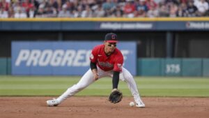 Brayan Rocchio fields a ground ball at shortstop for the Cleveland Guardians