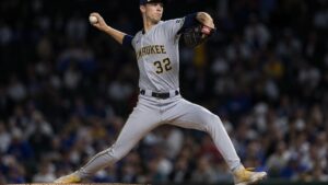 Jacob Misiorowski pitching for the Milwaukee Brewers