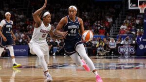 Kiki Iriafen driving to the basket for the Washington Mystics