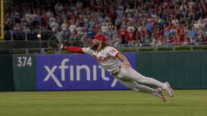 Brandon Marsh making a diving catch in left field for the Philadelphia Phillies