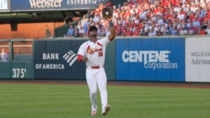 Jordan Walker fielding in right field for the St. Louis Cardinals at Busch Stadium