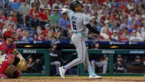 Otto Lopez batting for the Miami Marlins against the Philadelphia Phillies