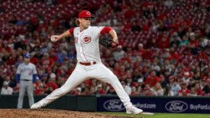 Brady Singer pitching for the Cincinnati Reds at Great American Ball Park