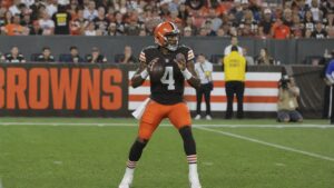 Deshaun Watson dropping back to pass for the Cleveland Browns during preseason at Huntington Bank Field