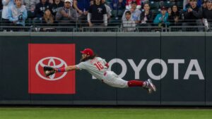 Brandon Marsh making a diving catch for the Philadelphia Phillies