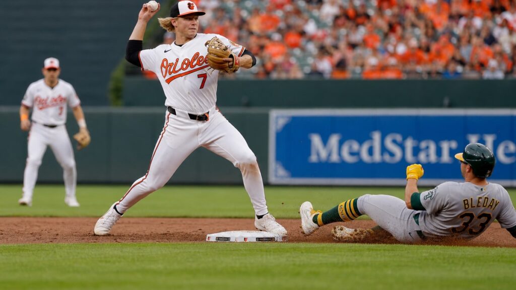 Jackson Holliday turning a double play at second base for the Baltimore Orioles