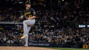 Jared Jones pitching for the Pittsburgh Pirates against the Milwaukee Brewers