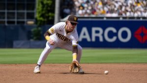 Jake Cronenworth fielding at second base for the San Diego Padres