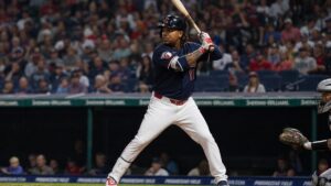 Jose Ramirez batting for the Cleveland Guardians