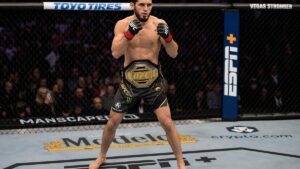 Islam Makhachev in a fighting stance inside the UFC octagon