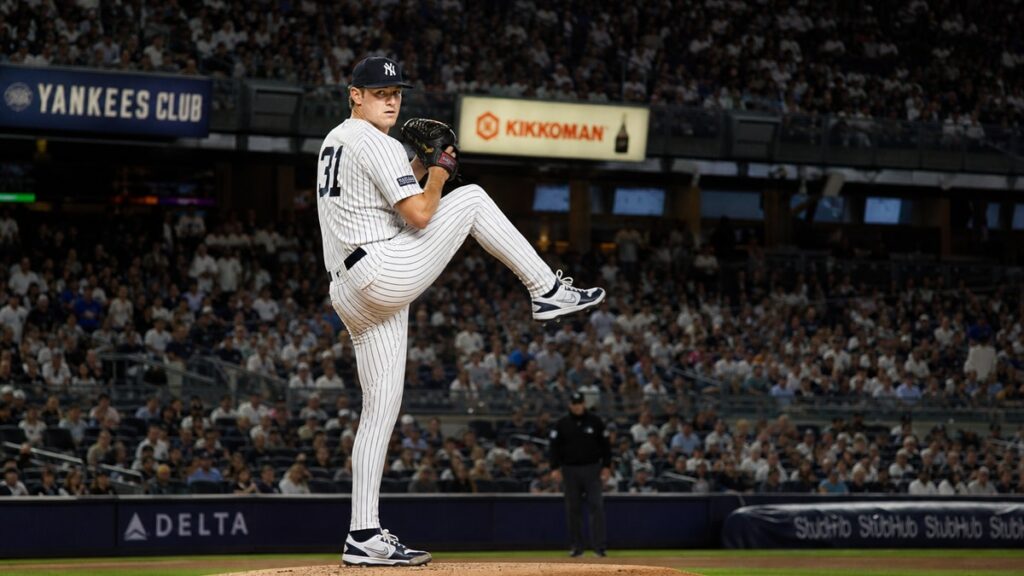Cam Schlittler pitching in his windup delivery for the New York Yankees
