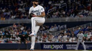 Sandy Alcantara pitching for the Miami Marlins