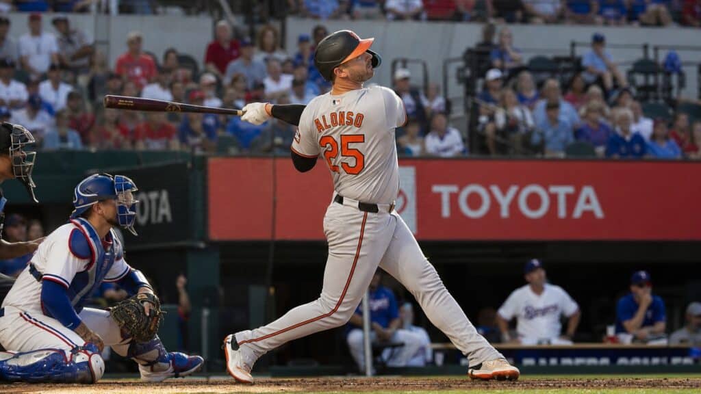 Pete Alonso mid-swing follow-through for the Baltimore Orioles at Globe Life Field