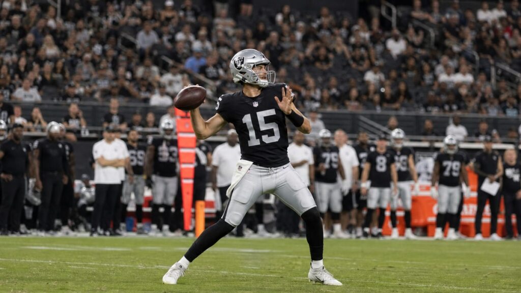 Fernando Mendoza throwing a pass for the Las Vegas Raiders during preseason