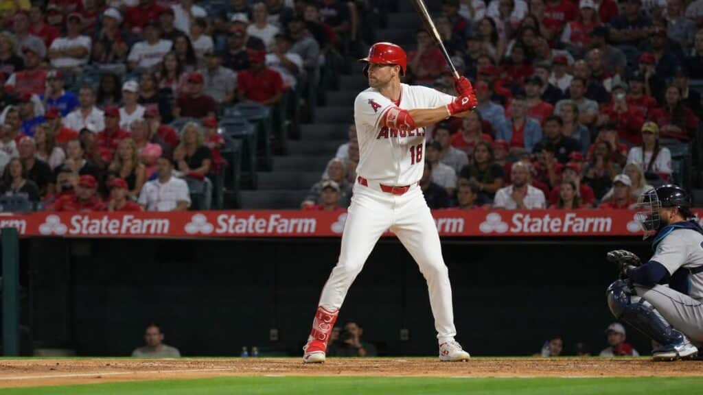 Nolan Schanuel batting for the Los Angeles Angels at Angel Stadium