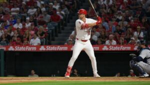Nolan Schanuel batting for the Los Angeles Angels at Angel Stadium