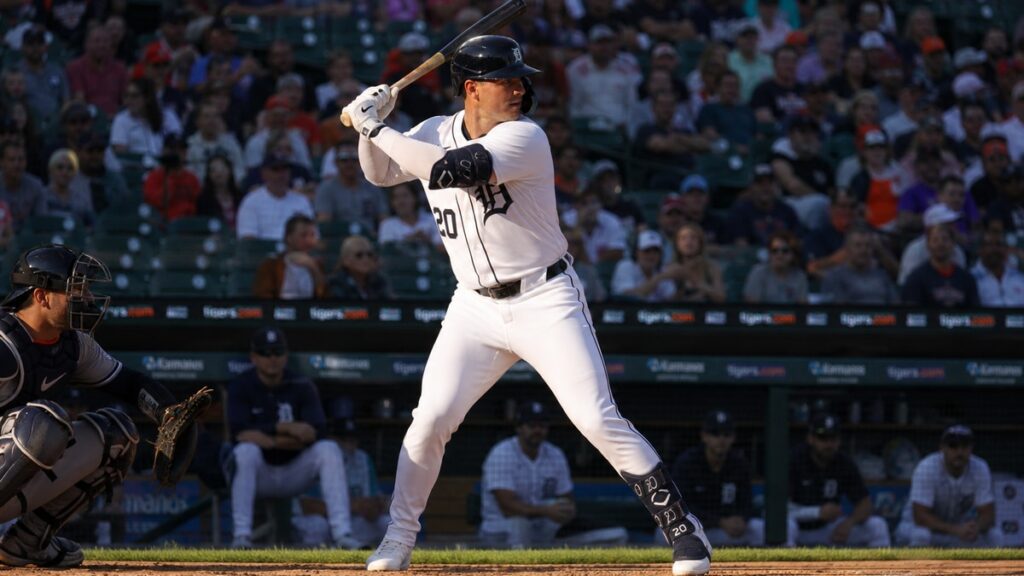 Spencer Torkelson batting for the Detroit Tigers at Comerica Park