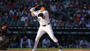 Spencer Torkelson batting for the Detroit Tigers at Comerica Park