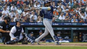 Junior Caminero batting for the Tampa Bay Rays against the Detroit Tigers
