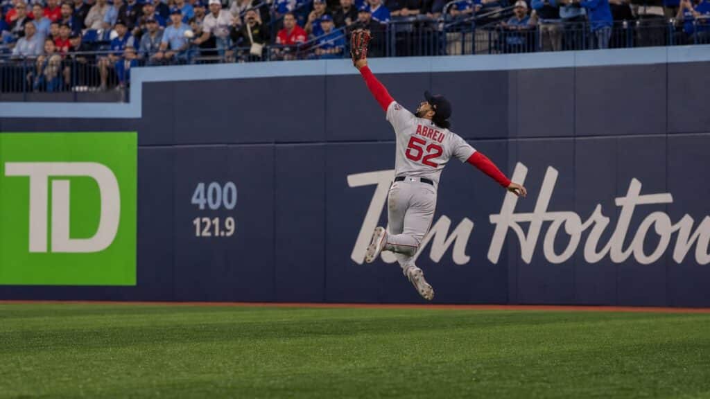 Wilyer Abreu making a catch in right field for the Boston Red Sox
