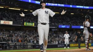 Ben Rice of the New York Yankees celebrating after hitting a home run at Yankee Stadium