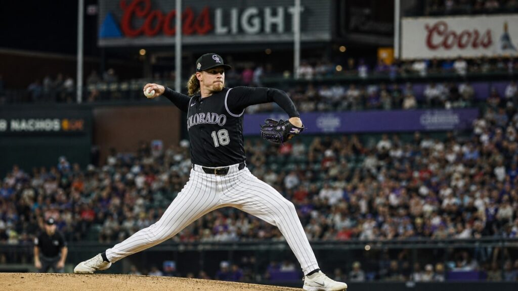 Ryan Feltner pitching for the Colorado Rockies at Coors Field