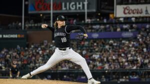 Ryan Feltner pitching for the Colorado Rockies at Coors Field